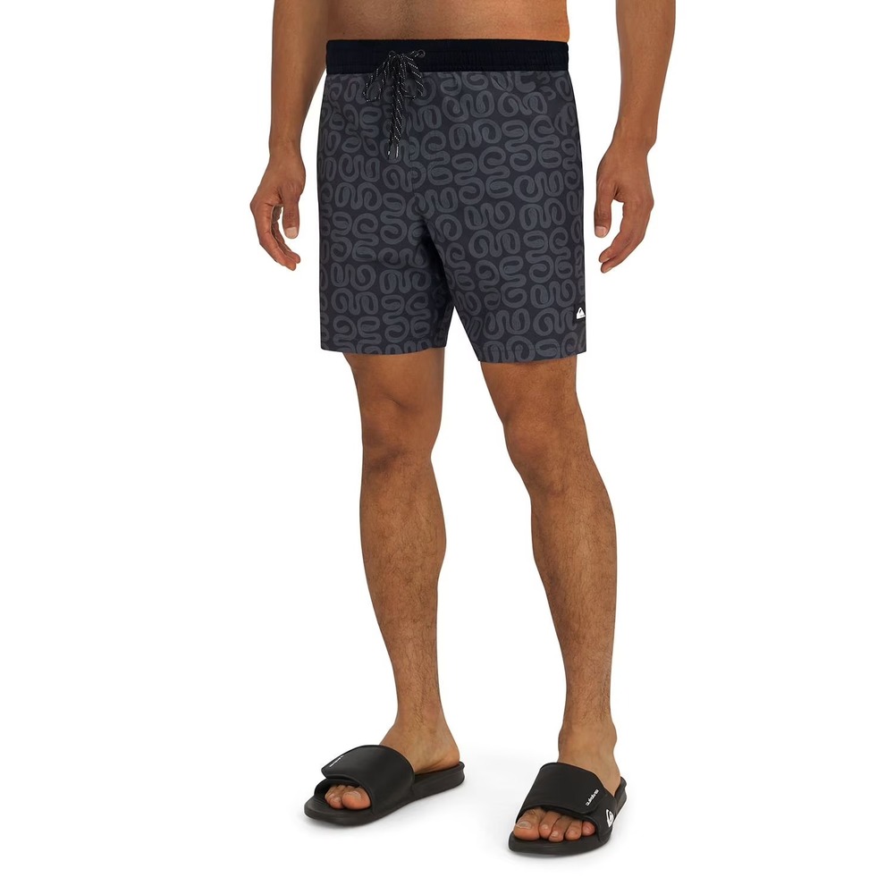 NWT Quiksilver Mens Swim Trunks Size L Black Graphic Print Board Shorts